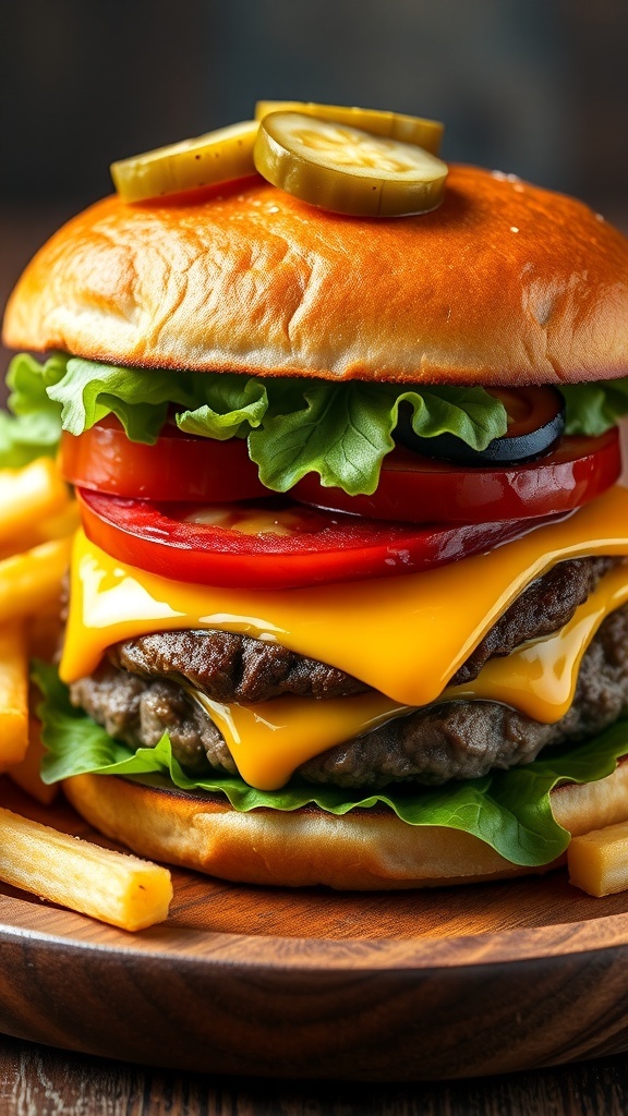 A delicious cheeseburger with lettuce, tomato, and pickles on a toasted bun, accompanied by fries.